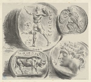 Studies van vier Griekse munten door Eugène Delacroix