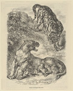 Tijgerin Aangevallen door een Tijger Terwijl ze haar Jong Zoogt door Eugène Delacroix