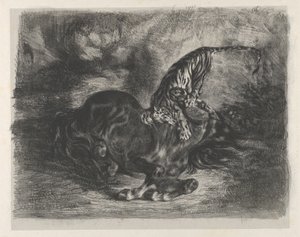 Wilde paard neergehaald door een tijger, 1828 door Eugène Delacroix