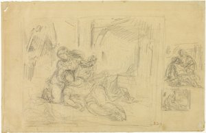 Stervende vrouw (?), Man in slaapkamer, Twee schetsen van hetzelfde door Eugène Delacroix