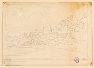 Huizen van een stad aan de rand van een rotsachtige kust