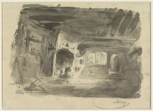 Interieur met geknielde vrouw voor haard door Eugène François de Block