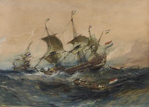 Nederlandse schepen in een storm door Eugene Isabey