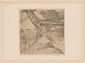 Zaaier en liggend figuur met gevouwen handen in een landschap