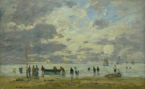 Frans:  Plage de Deauville Strand van Deauville door Eugene Louis Boudin
