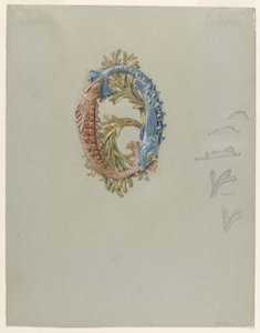 Ontwerp voor een riemgesp met twee vissen en zeewier door Eugene Grasset