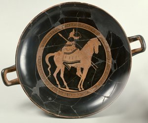Attische roodfigurige beker met een ruiter te paard (keramiek) door Euphronios
