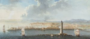Uitzicht op een haven vanaf de zee, waarschijnlijk Livorno
