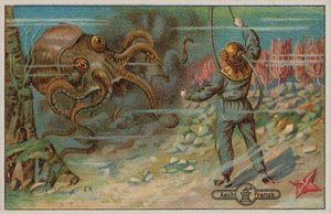 Een duiker bedreigd door een octopus (chromolitho) door European School