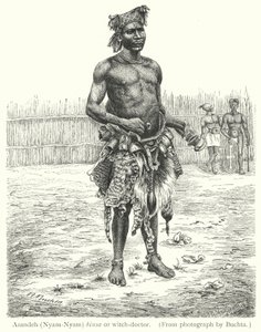 Azandeh (Nyam-Nyam) binsa of heksendokter (gravure) door European School