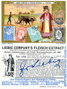 Bulgaarse postzegels, voor- en achterkant van een Liebig promotiekaart, 1897 door European School