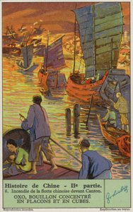 Verbranding van de Chinese vloot bij Canton (chromolitho) door European School