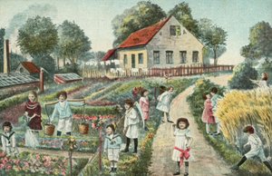 Kinderen in een tuin of volkstuin (kleurenlitho)