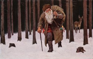 Kerstkaart, kerstman sjokkend door de sneeuw met zak cadeautjes, hert op achtergrond (kleurenlitho)