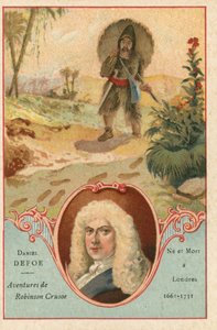 Daniel Defoe, Engelse romanschrijver, en een scène uit Robinson Crusoe door European School