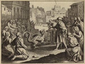 Daniel vernietigt het afgodsbeeld van Bel en de draak (gravure) door European School