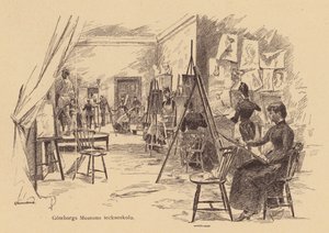 Tekenles in het Göteborg Museum, Zweden (gravure) door European School