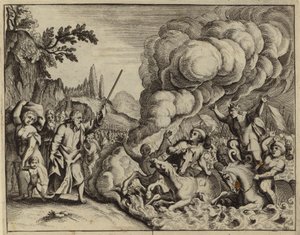 Verdrinking van het leger van de farao in de wateren van de Rode Zee (gravure) door European School