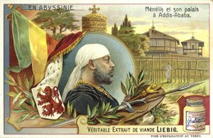 Keizer Menelik II van Ethiopië en zijn paleis in Addis Abeba