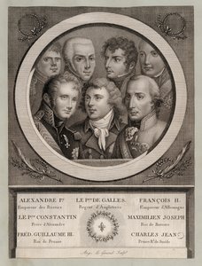 Europese royalty van het begin van de 19e eeuw: Tsaar Alexander I van Rusland; George, Prins van Wales, Regent van Koning George III; Frans II, Heilige Roomse Keizer; Groothertog Konstantin Pavlovich van Rusland; Maximiliaan Jozef, Koning van Beieren en Ke door European School