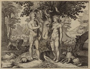 Eva verleid door de slang om de vrucht van de Boom der Kennis te eten (gravure) door European School