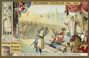 Frederik Barbarossa neemt het kruis van de bisschop van Würzburg, Mainz, Duitsland, Derde Kruistocht, 1188