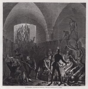 Duitse soldaten bedienen zich van de inhoud van de wijnkelder van de Thionville-kathedraal, Frankrijk, Frans-Duitse Oorlog door European School