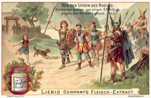 Germaanse krijgers keren terug van een aanval op de Romeinen, 9 n.Chr.