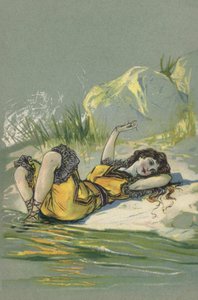 Meisje liggend op een strand of rivieroever (kleurenlitho) door European School