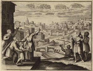 Goudgeklede cavalerie in de lucht boven Jeruzalem (gravure) door European School