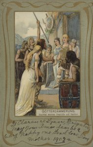 Gotterdammerung, Siegfried ontvangt Brunhilde en Gunther (kleurenlitho) door European School