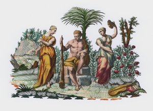 Heracles in een tuin (gekleurde gravure) door European School