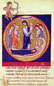 Geïllustreerde initiaal die de dood van de Maagd Maria toont, uit een onbekend manuscript, 12e-13e eeuw door European School