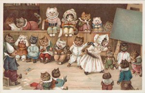 Humoristische kattenpostkaart (kleurenlitho) door European School
