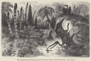 Denkbeeldig landschap tijdens het Secundaire Tijdperk, met Pterosauriërs, Lias-periode door European School