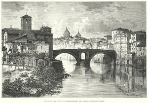 Eiland van de Tiber, St Bartholomeus en de Quattro Capi brug (gravure) door European School