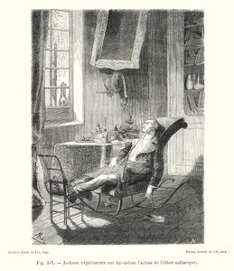 Jackson experimenteert op zichzelf met de werking van zwavelige ether (gravure) door European School