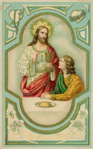 Jezus Christus zegent een man die de Heilige Communie neemt (chromolitho) door European School