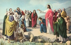 Jezus Christus tijdens de Bergrede (kleurenlitho) door European School