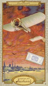 Leon Delagrange in een eendekker van Bleriot, Denemarken (chromolitho) door European School