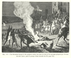 De Saracenen werpen Grieks vuur tegen de houten torens en de werken voorbereid door het leger van Sint Louis, voor de oversteek van een tak van de Nijl (gravure)