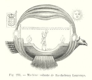 Vliegmachine van Barthelemy Lourenco (gravure) door European School