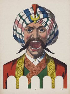 Man in Turks kostuum met mond wijd open (kleur litho) door European School