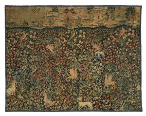 Mille fleurs tapijtfragment met dieren, vogels en landschap, c.1500