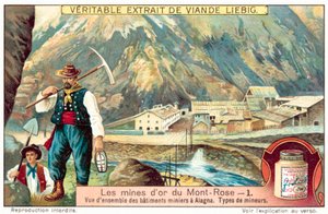 Mijnwerkers en mijngebouwen bij de Monte Rosa goudmijnen, Italië door European School