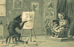 Aap schildert een portret van een kat en een kitten