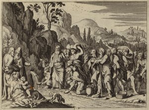 Mozes slaat met zijn staf op de rots om water te laten stromen (gravure) door European School