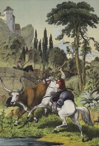 Bereden herders in Italië achtervolgen een steppenstier in een landschap met wilde kastanje, clusterden en Italiaanse populieren (kleur litho) door European School