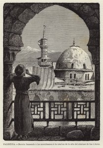 Palestina, Muezzin roept moslims op tot gebed vanaf de minaret van Isa of Jezus