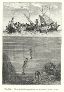 Parelvisserij op de kust van het eiland Ceylon (gravure)